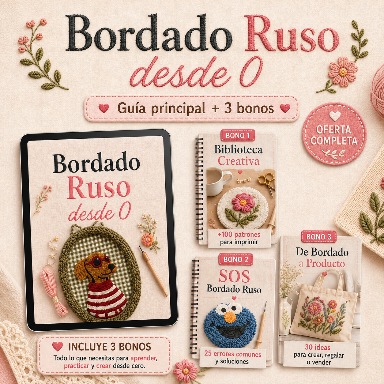 Aprende Bordado Ruso desde 0 + 3 bonos y gana $800.000 al mes